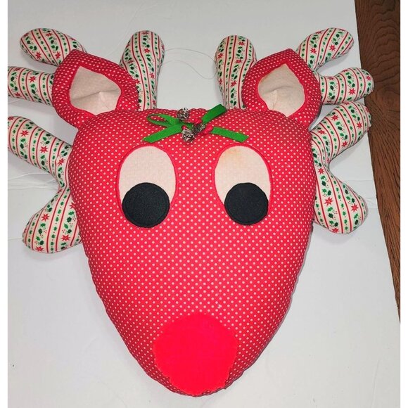 Large Handmade Red & White Polka Dot Reindeer Pillow Christmas Decor Mid Century - Picture 5 of 15